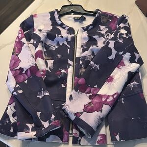 INC purple pink floral stretchy zipper jacket L